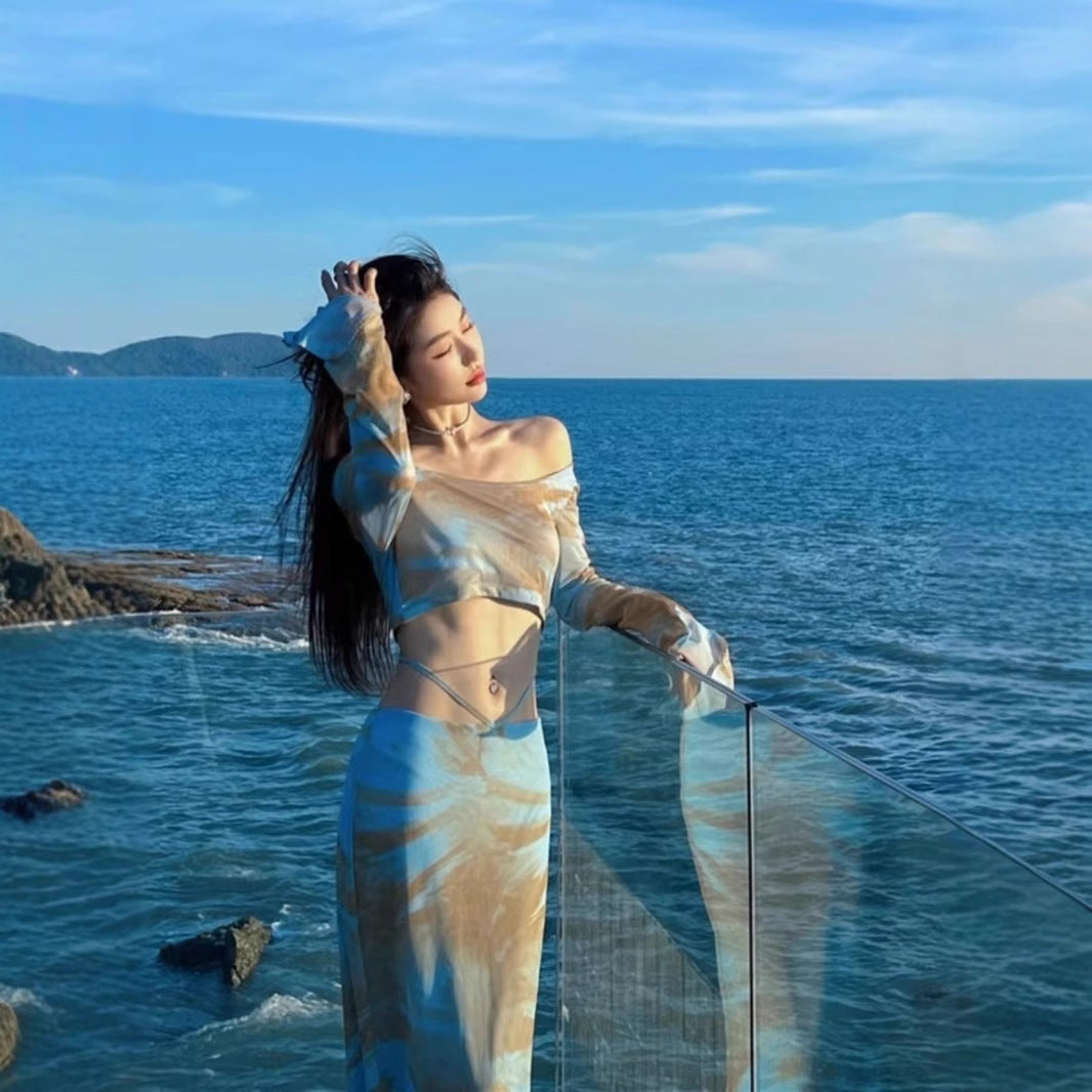 Retro foreign style oil painting tie-dye long-sleeved slim-fitting one-word shoulder fashion summer high-waisted skirt long dress hip-wrap suit