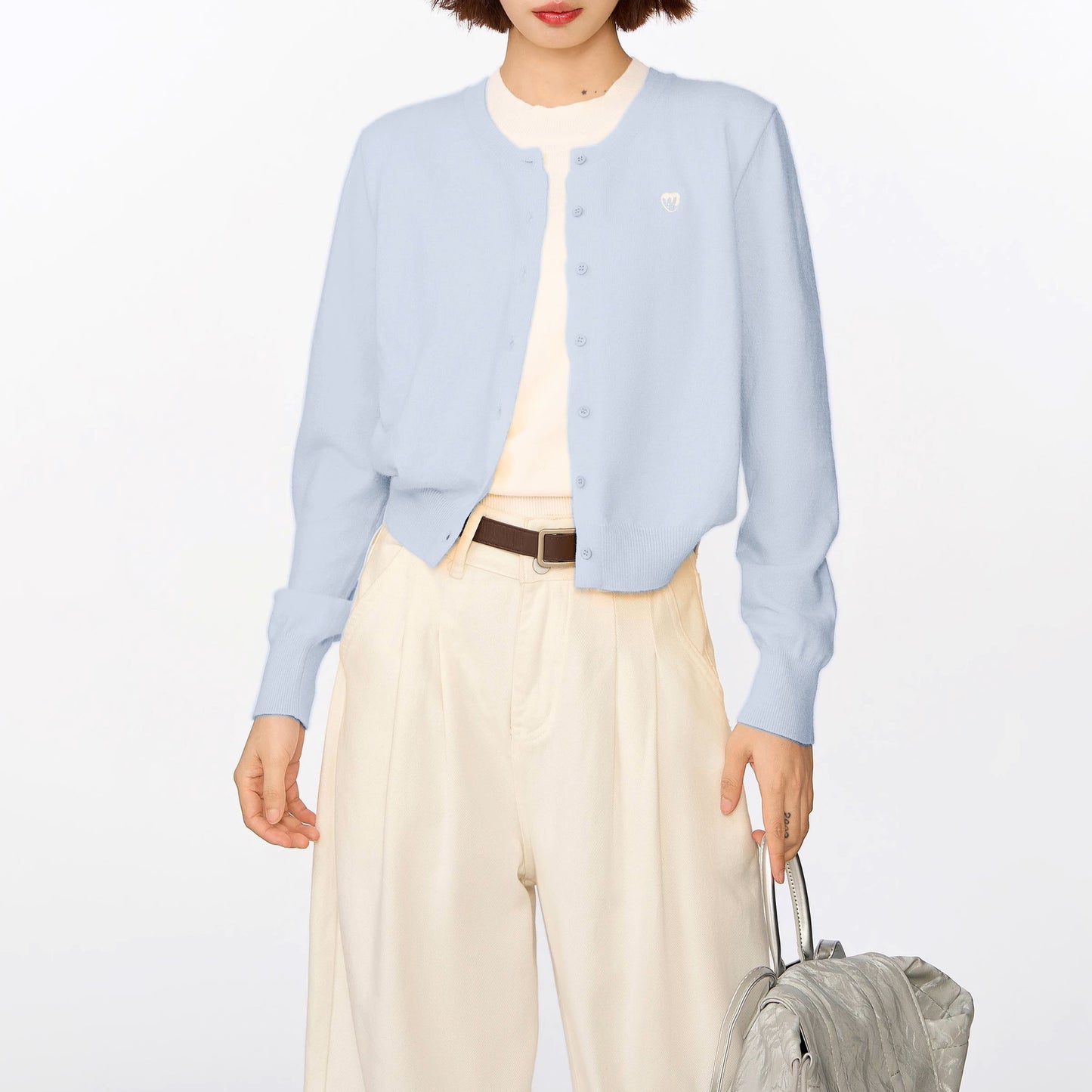 Goose yellow fake two-piece sweater knitted sweater women's spring and autumn short style with backing wool top cardigan jacket