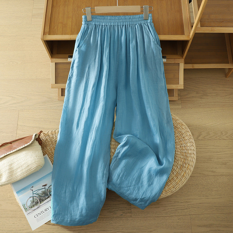 Real shot 2025 summer new cotton and linen double-layer loose cover meat elastic waist casual trousers casual Harlan trousers women
