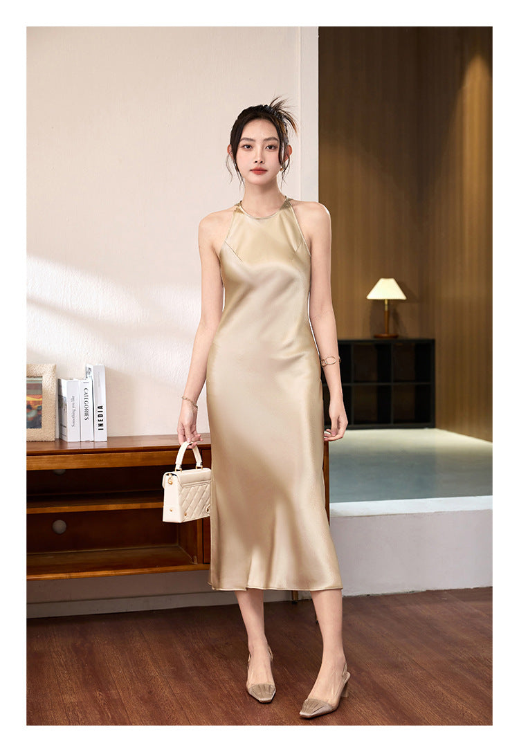 New Chinese acetic acid satin sleeveless dress for women's summer waist temperament versatile slit skirt looking thin commuting