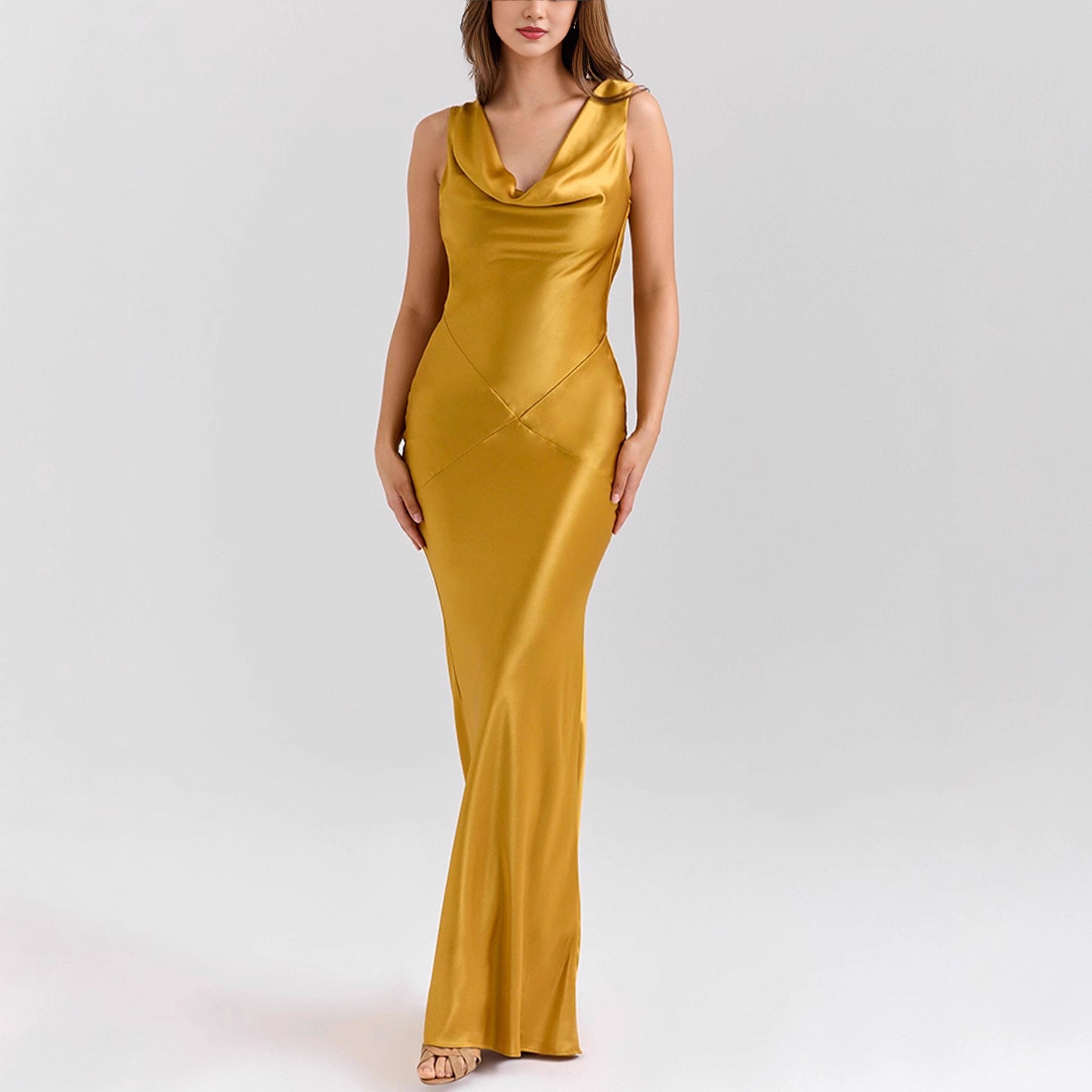 Haute couture imported acetic acid satin daughter gold sense design sense noble and elegant drape neck backless seaside Dundar dress