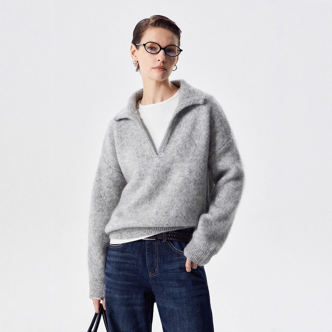 THORNSUARA Lazy casual profile V-lapel knitted sweater mohair pullover long-sleeved sweater women
