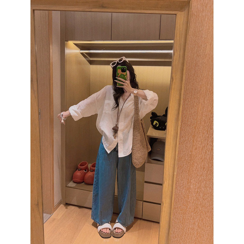 Yukiss old money wind tencel linen white lace splicing shirt women's summer Korean loose thin sunscreen shirt