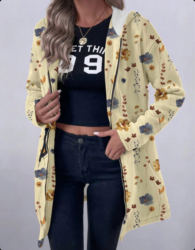2025 European and American cross-border women's clothing medium and long zipper sweater printed hooded long-sleeved jacket Japan and Korea leisure