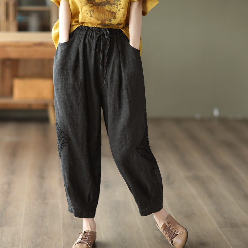 2025 summer new literary loose solid color cotton and linen elastic waist Harlan pants women's nine-point pants #1319