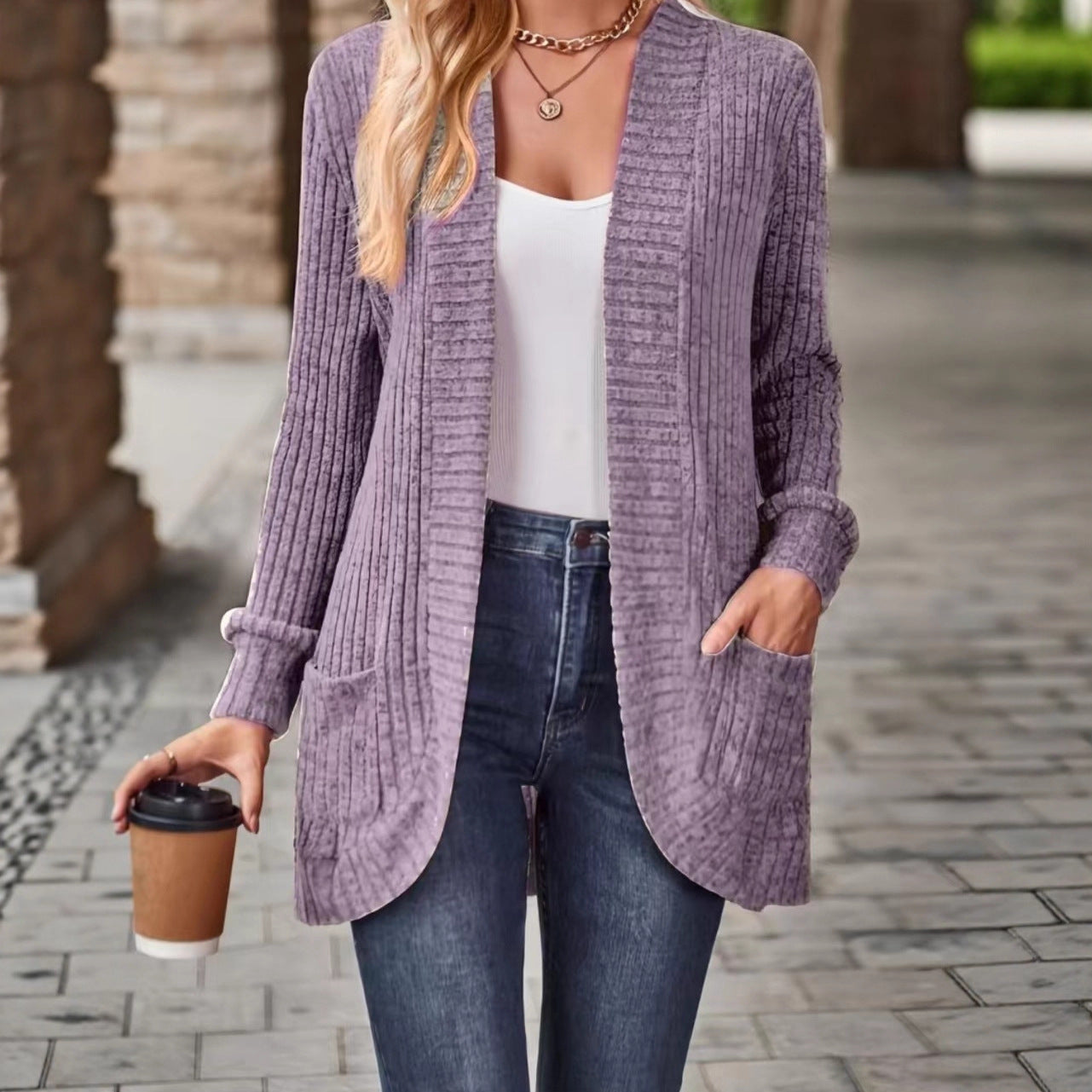 2025 cross-border autumn new product Amazon popular women's solid color polished casual splicing long-sleeved cardigan jacket