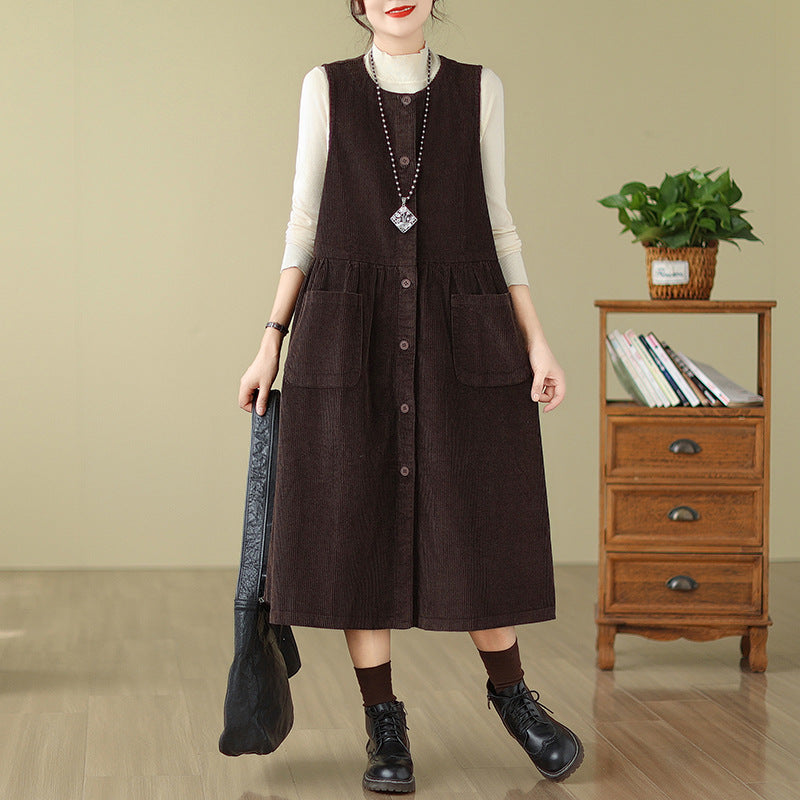 Real shot 2025 spring new literary loose solid color corduroy sleeveless dress women's vest skirt single piece 8386