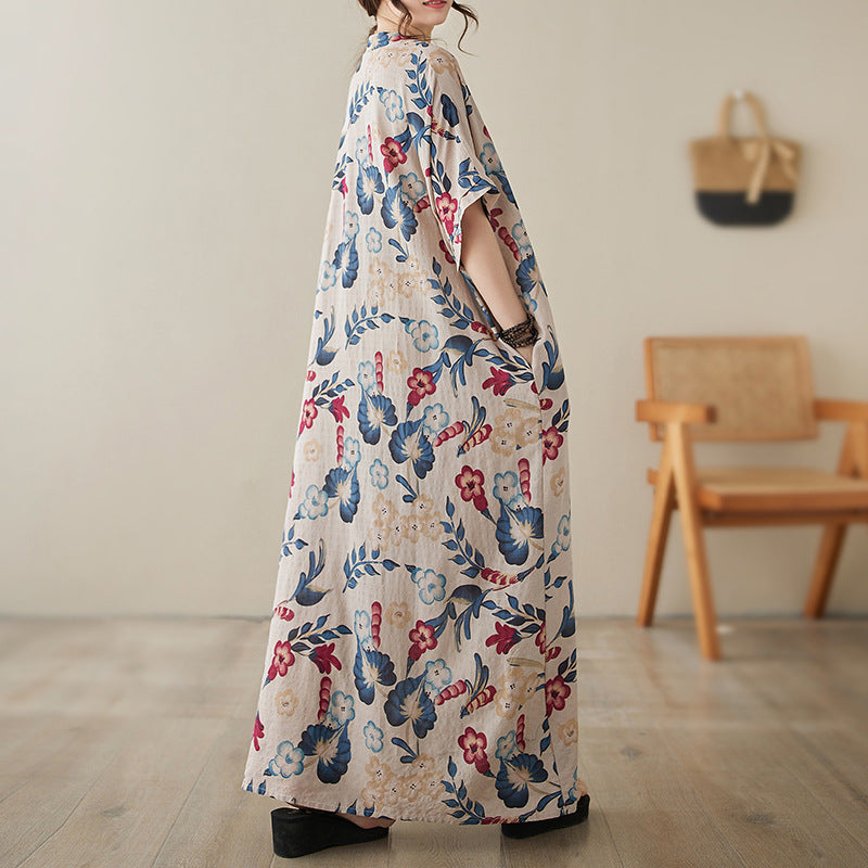 The real shot is the new V-neck cotton and linen large size loose literary and retro holiday wind beach dress for women in the summer of 2024.