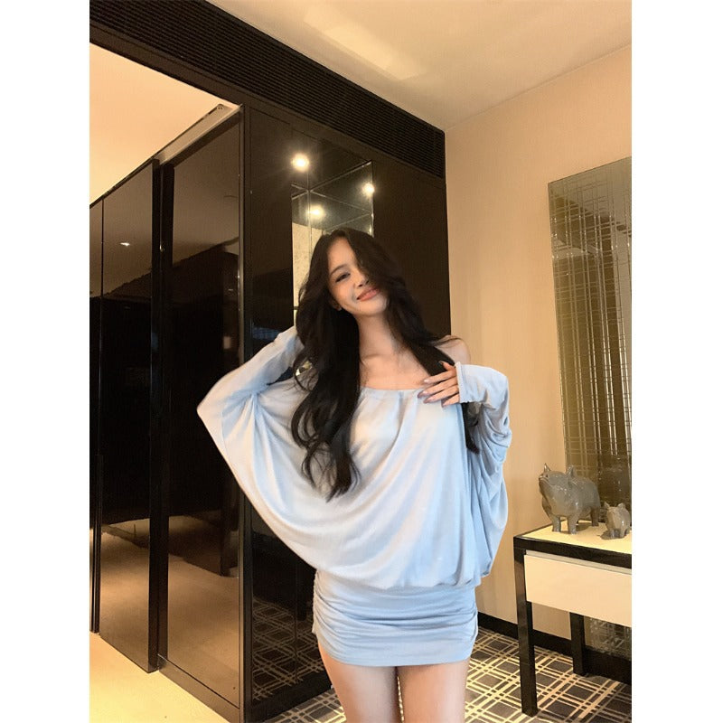 Blue one-word shoulder long-sleeved dress women's autumn thin waist skirt bat sleeve pure desire Spice girl hip-wrapped short skirt