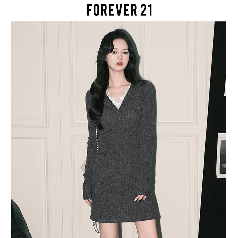 Gray's grey slim-fit knitted hip-wrapped skirt women's pure lace V-neck bottoming dress