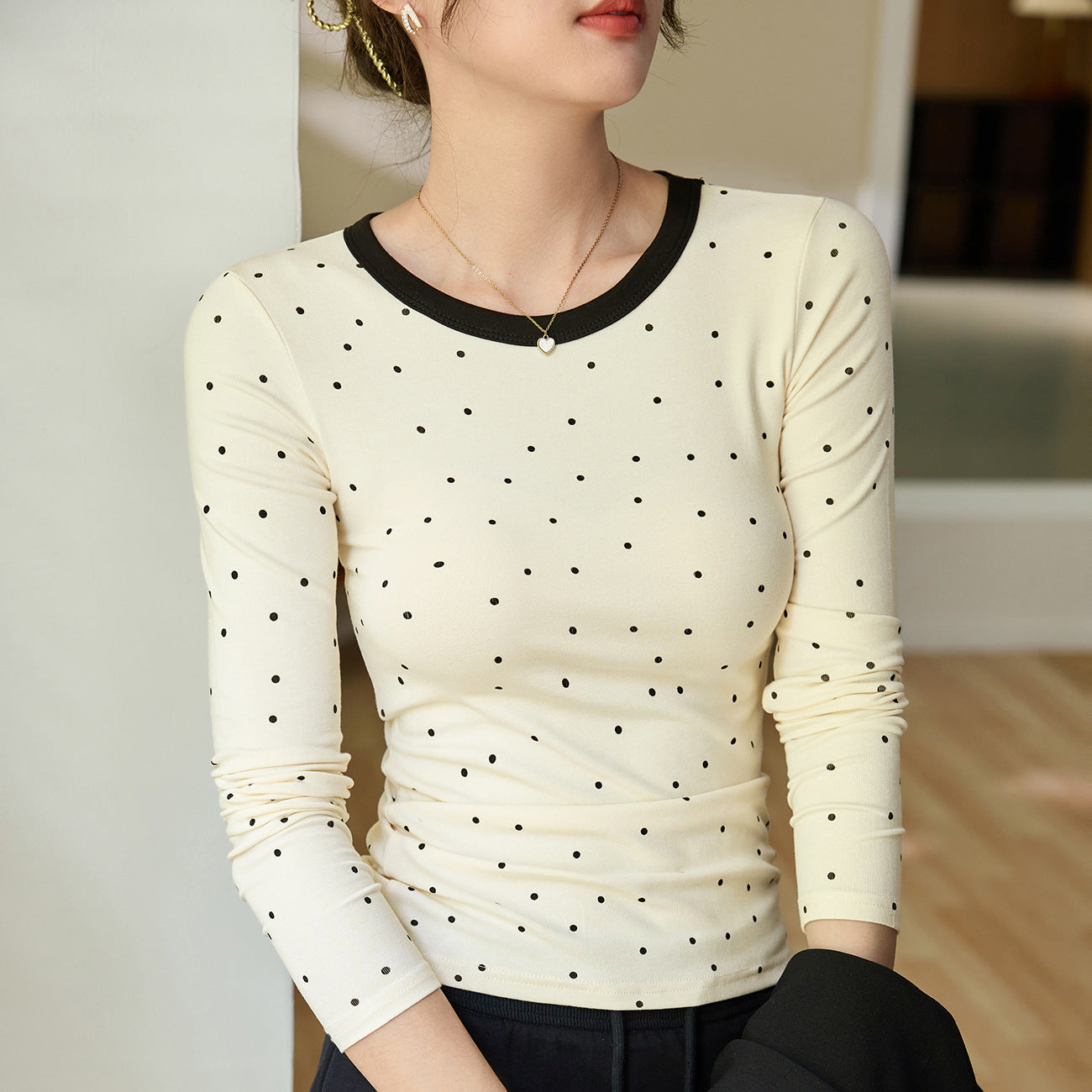 #Quality to do high-quality #age-reducing playful polka dot T-shirt women's long-sleeved 2026 autumn clothing new contrasting color slim-fitting bottoming shirt
