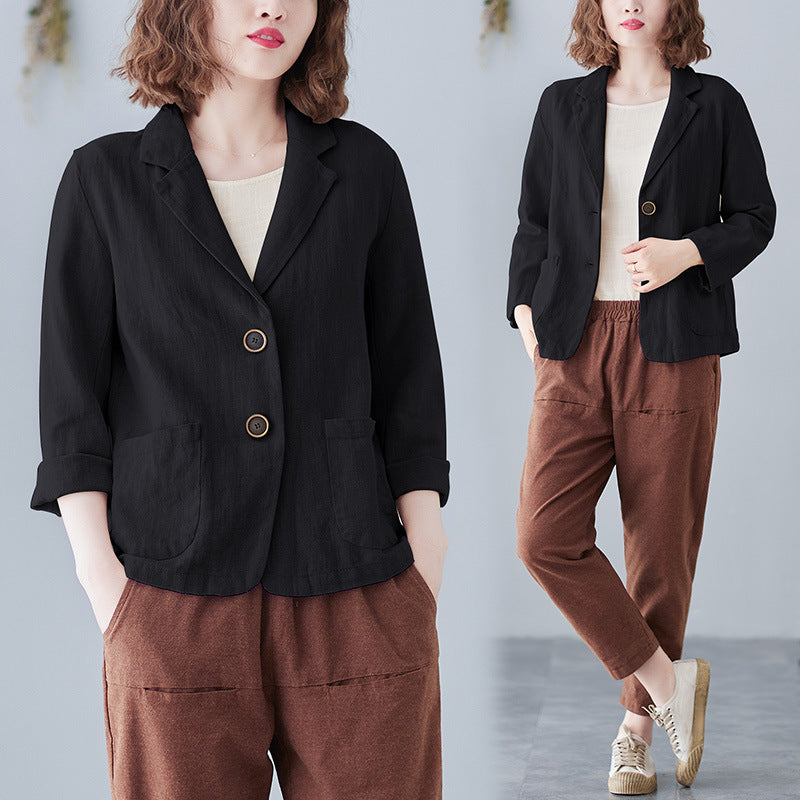 Real shot 2024 autumn new literary and retro loose solid color casual long sleeve button suit short jacket women 6028