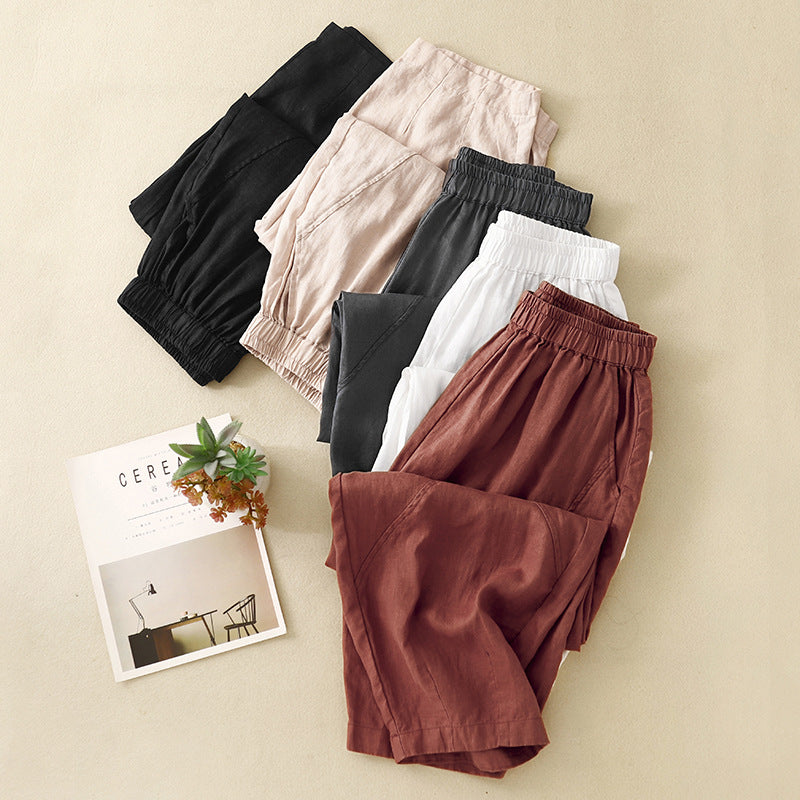 Real shot 2025 summer new cotton and linen large size elastic waist solid color loose and thin nine-point Harlan pants women