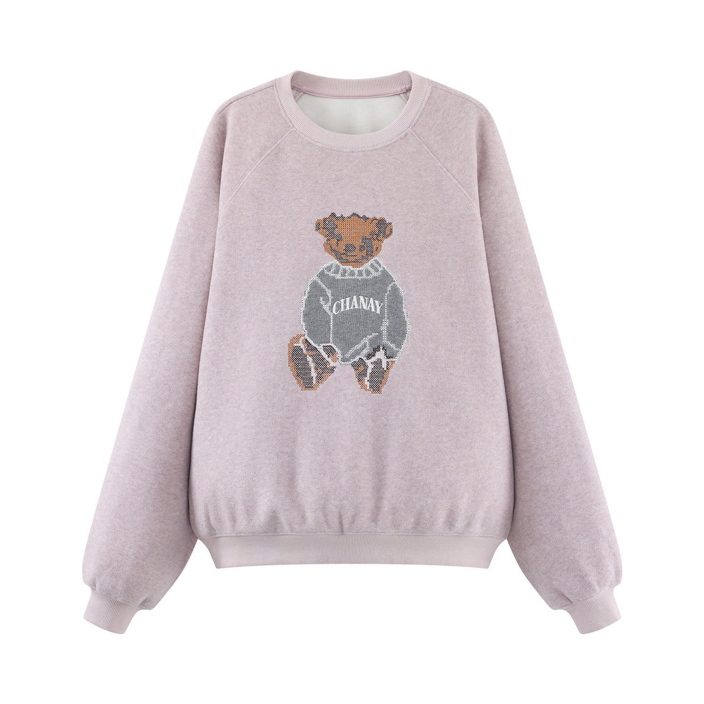 JOMI STUDIO Gentle Cream Purple, Cross Stitch Bear Crew Neck Sleeve Embroidered Sweater Women's Spring Top