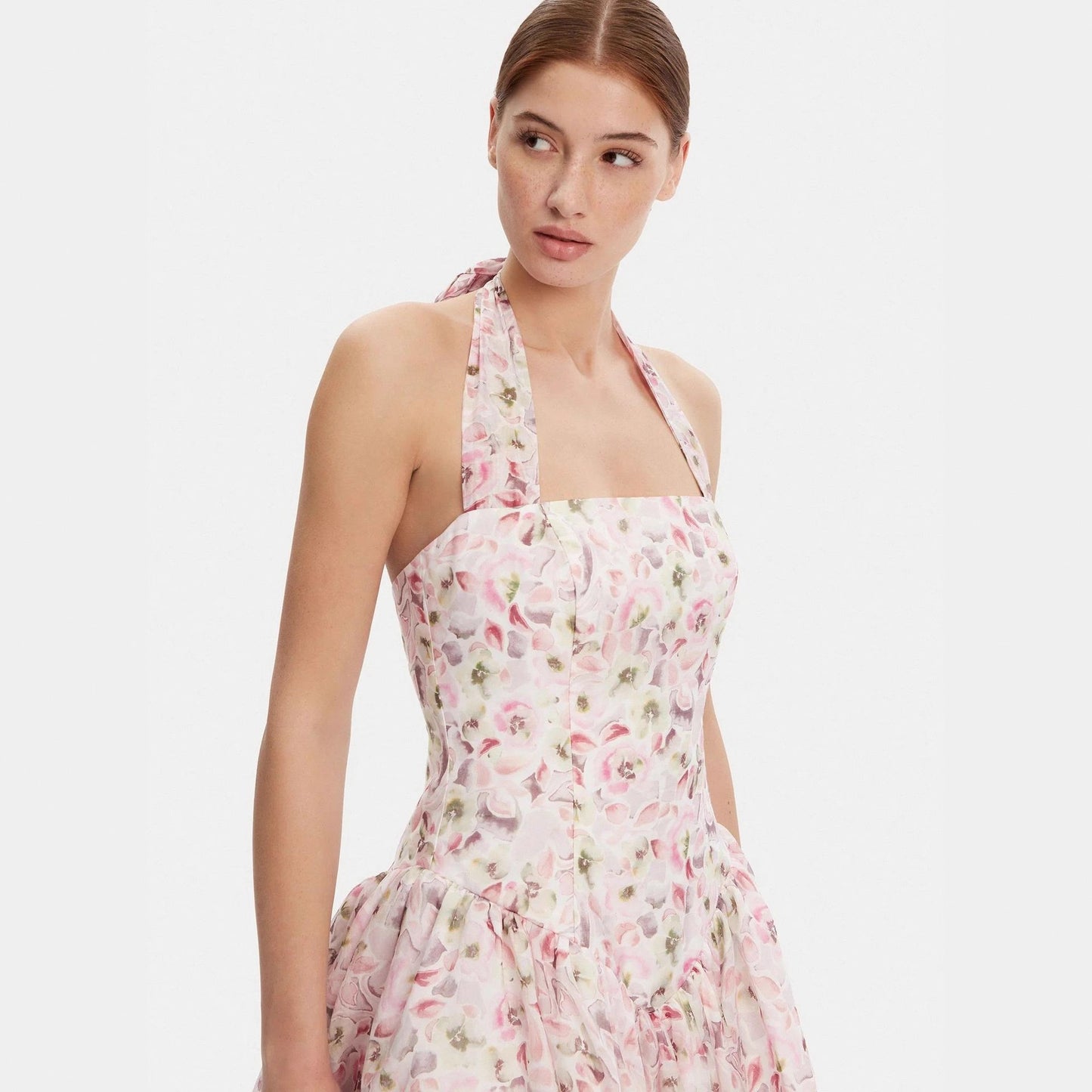 Cross-border European and American vacation beach wind sweet design sense neck summer floral fish bone waist dress women's short skirt