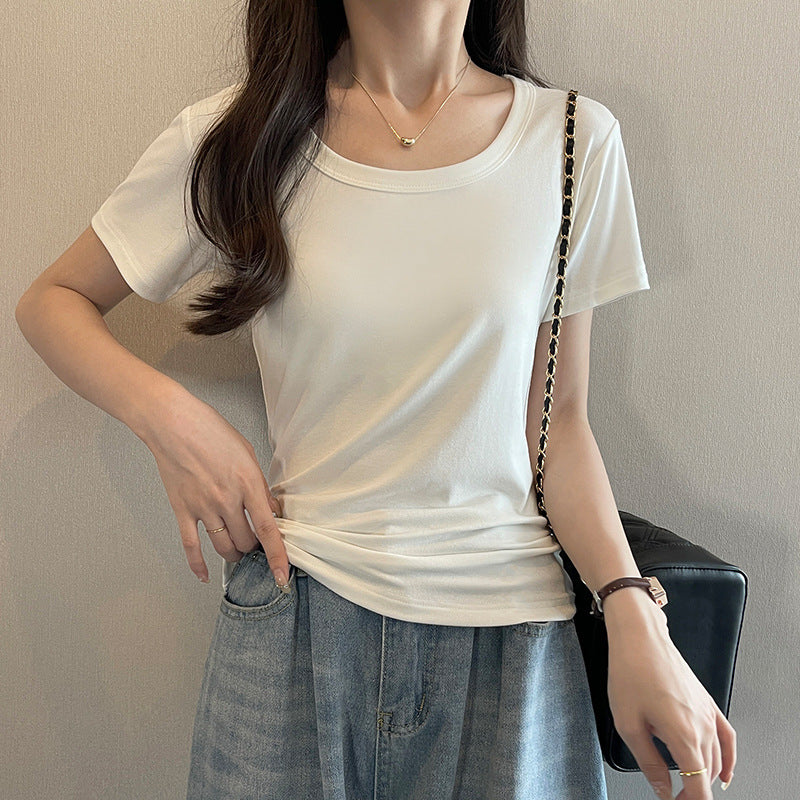 White U-neck short-sleeved t-shirt women's top fashionable foreign style big collar thread 2025 Internet celebrity bottoming shirt versatile and exquisite