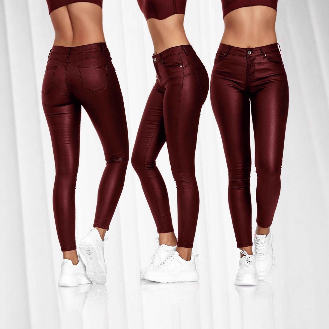 Cross-border Amazon 2025 Women's New Fashion High Waist Solid Color Leather Casual Pants Pants Leather Pants Long Pants Women