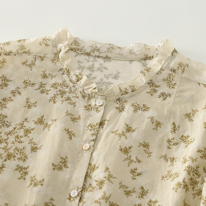 Real shot 2025 autumn new French literary floral lace collar printed shirt top women