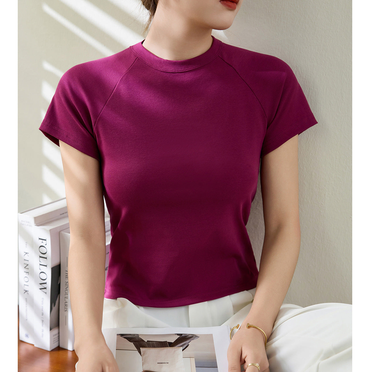 [Use good materials] Pure cotton high-waisted short T-shirt women's summer 2026 new round neck shoulder top short-sleeved bottoming shirt