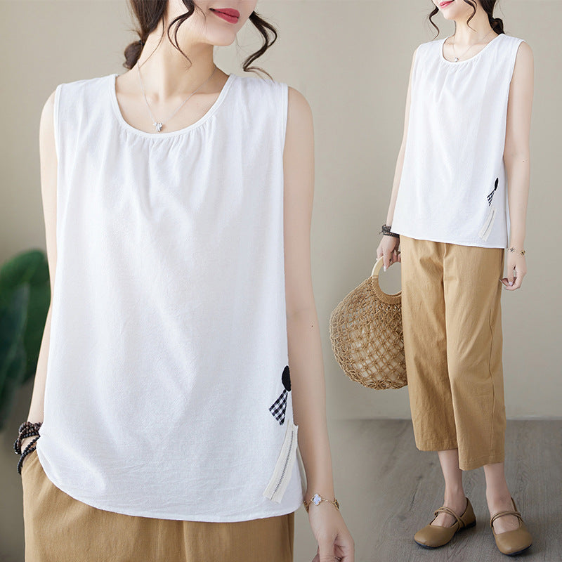 In the summer of 2025, the new cotton and linen patches, fine wrinkle vest, women's loose sleeveless T-shirt top