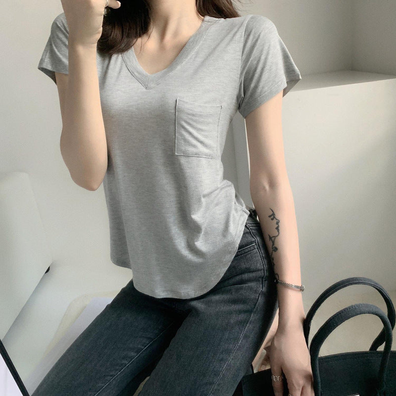High-quality Modal short-sleeved T-shirt women's 2026 summer new V-neck loose and thin versatile fashion irregular top