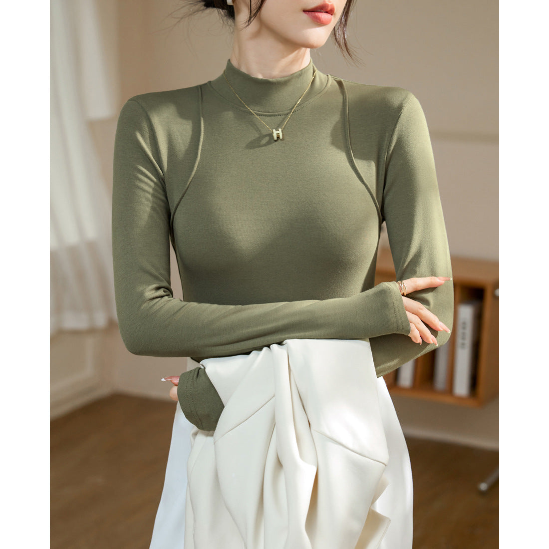 Three-dimensional line polished thin velvet threaded cotton bottoming shirt women's autumn and winter new thin long-sleeved T-shirt versatile top