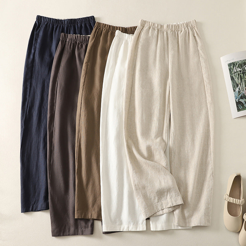 Real shot 2025 autumn new literary loose solid color cotton and linen elastic waist straight pants women's casual trousers #9539