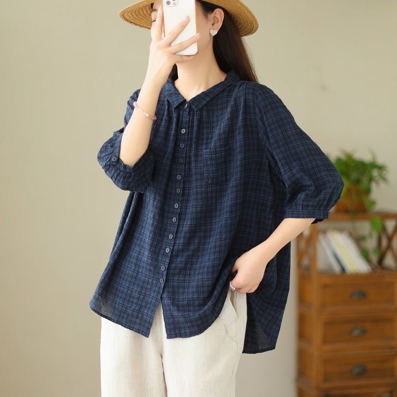 Real shot 2025 summer new large size solid color four-eye buckle retro literary loose and thin shirt top women