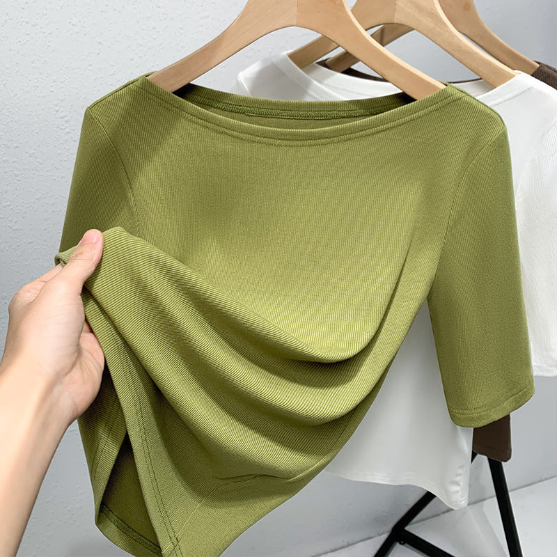 Medium-sleeved t-shirt women's 2025 new women's clothing solid-color threaded half-sleeved t-shirt temperament one-word shoulder elastic waist top
