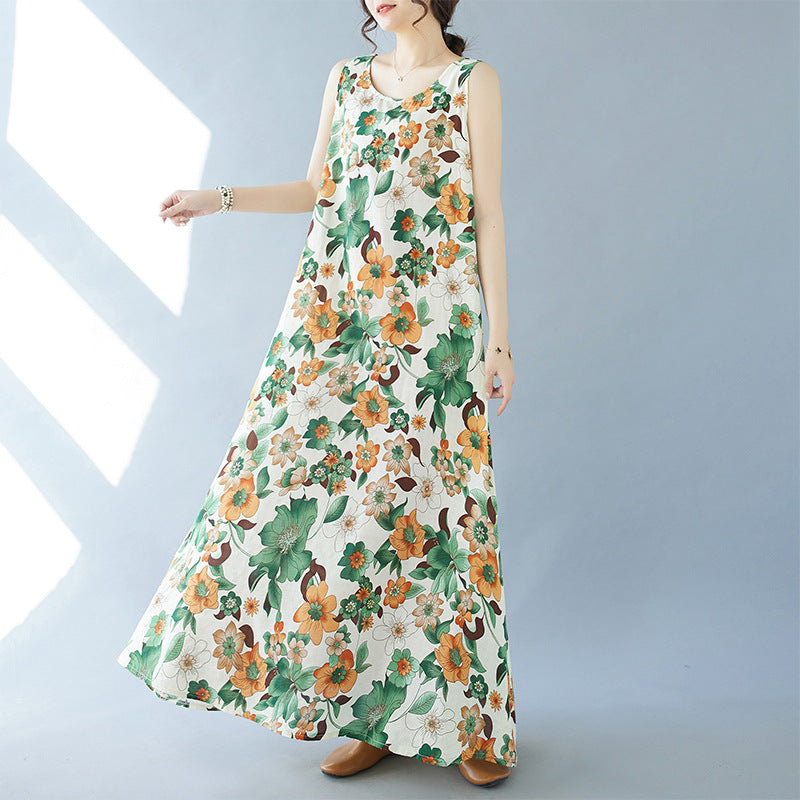 2024 real shot summer new bohemian fattened plus sleeveless crew neck printed medium and long dress women