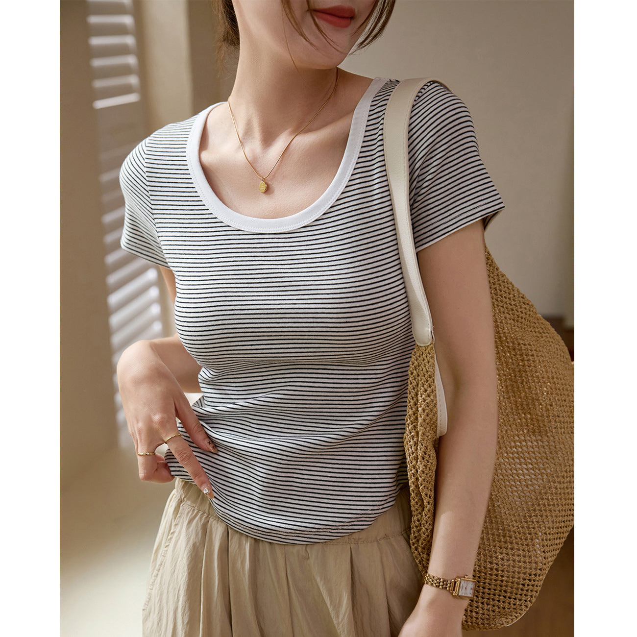 [High quality] Pure cotton striped short-sleeved T-shirt women's summer arc 2026 new round neck thin bottoming top