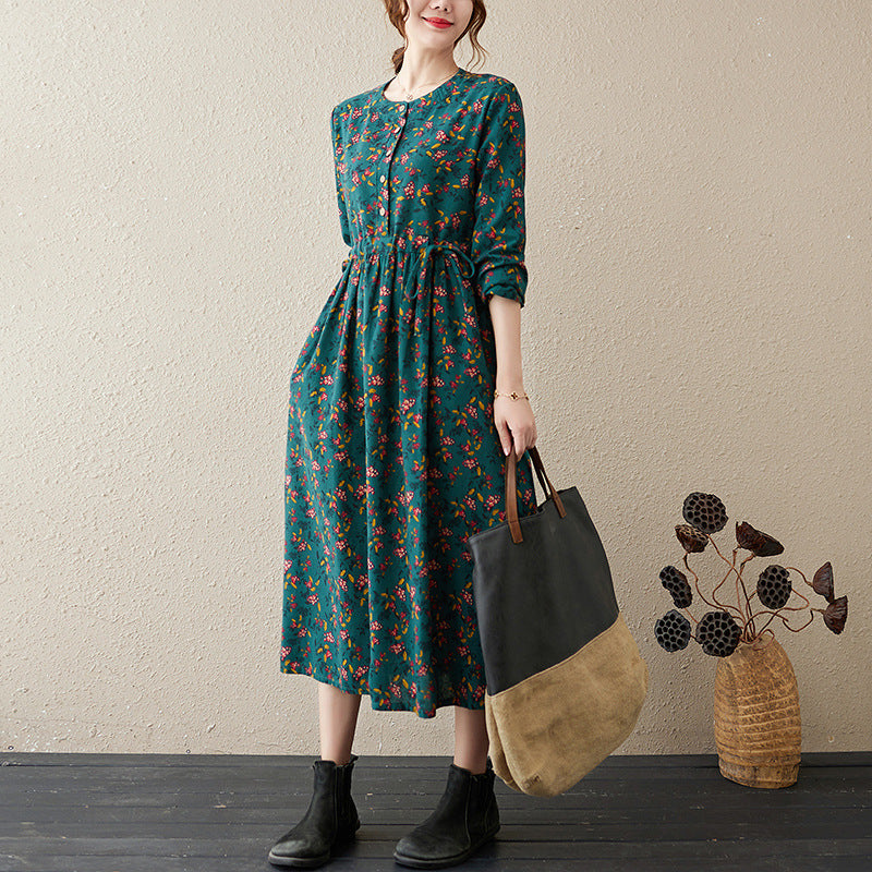 Real shot 2024 autumn new linen cotton printing ethnic style round neck long-sleeved dress loose waist skirt 8110