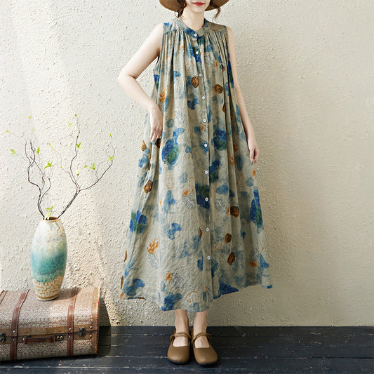 The real shot will be in the summer of 2025. The new fattened and loose cotton and linen printed cardigan has a sleeveless stand-up collar dress for women.