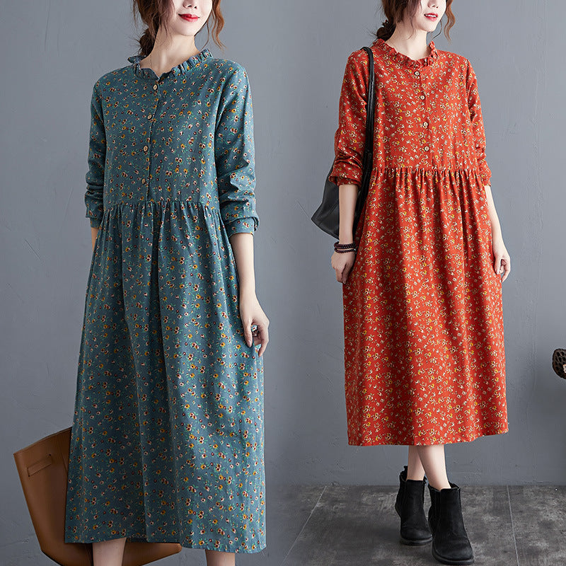 Real shot 2024 autumn new retro literary cotton and linen loose large size floral long-sleeved dress women