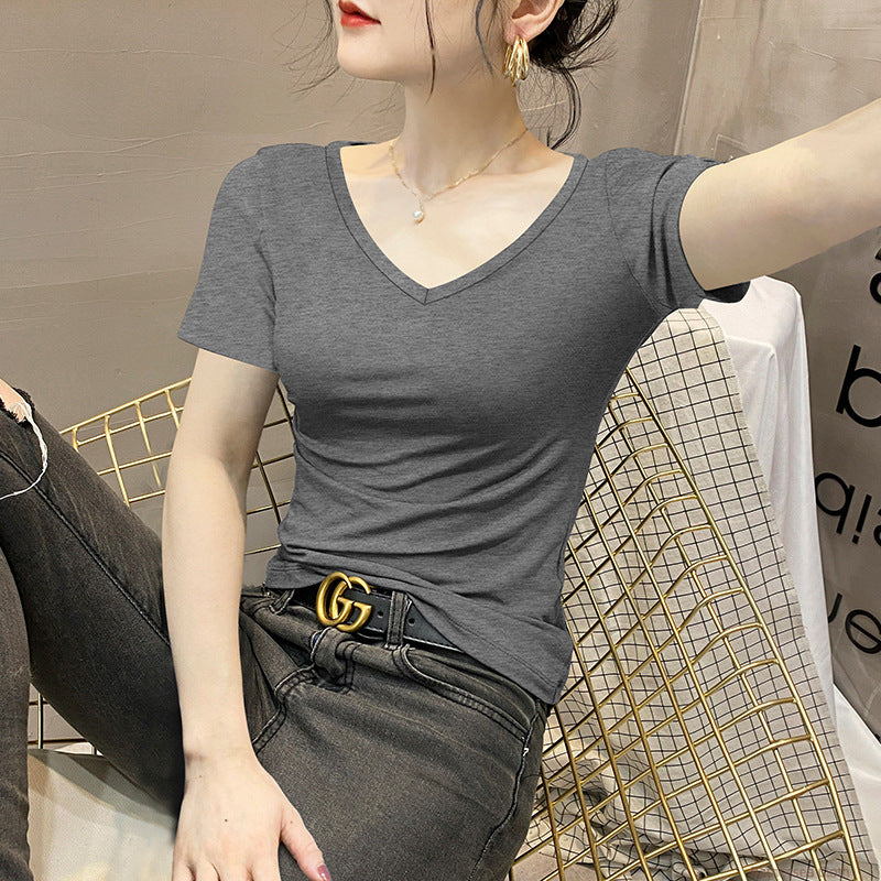 Modal short-sleeved V-neck solid color T-shirt women's summer 2025 new ice silk drape slim and thin bottoming top