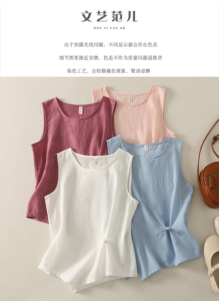 Real shot 2025 summer new literary loose button solid color round neck sleeveless T-shirt women's vest top #6184