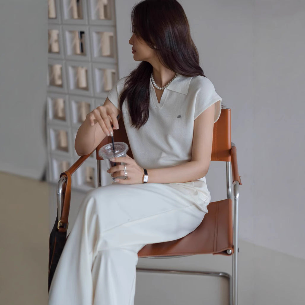 White linen tencel lapel knitted short-sleeved women's commuter new summer temperament short polo shirt and top