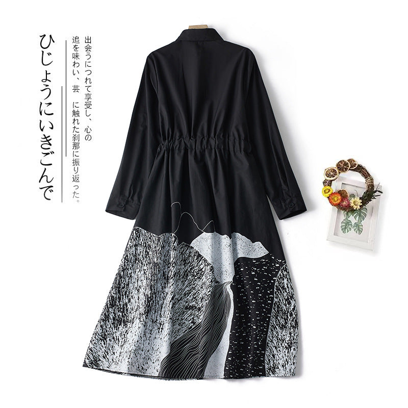 Real shot 2025 autumn new literary large size loose and thin printing long-sleeved dress women's clothing shirt skirt 301 #