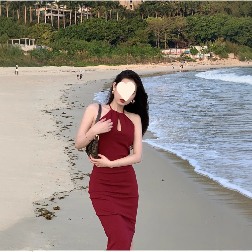 Black neck sexy off-the-shoulder dress slim-fitting waist-wrapped hip long dress small black skirt