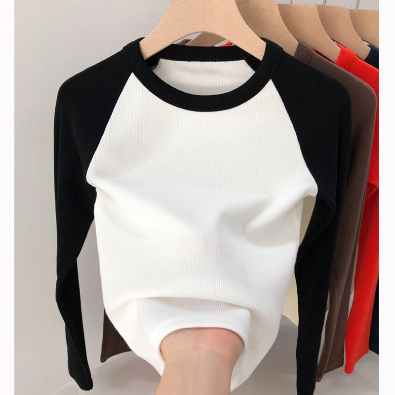 甄选优棉高弹螺纹2026秋冬装新款复古撞色插肩高腰长袖T恤女上衣