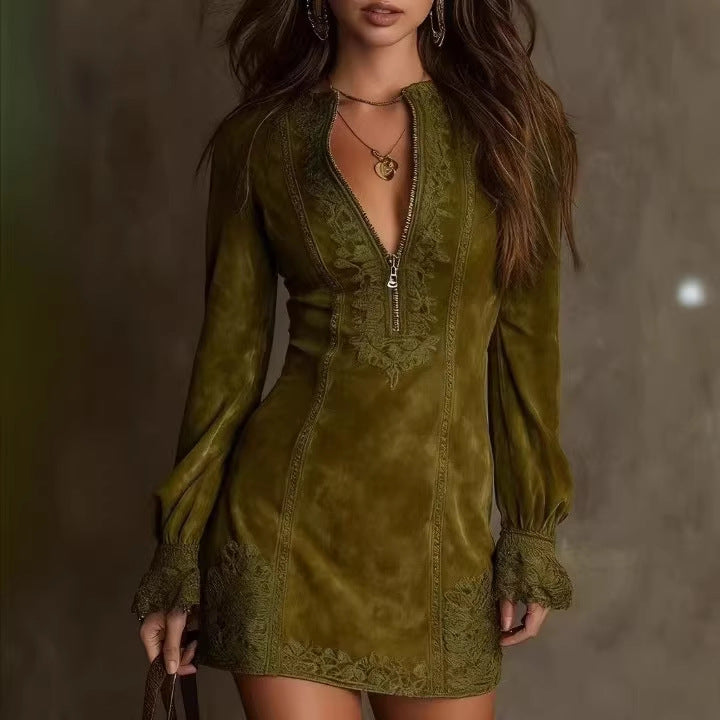 2025 European and American women's clothing, Amazon independent station zipper lace splicing V-neck long sleeves, loose embroidery, dress