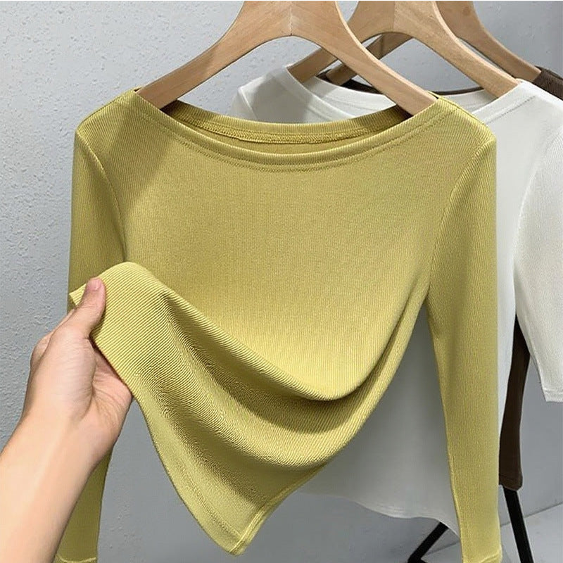 Medium-sleeved t-shirt women's 2025 new women's clothing solid-color threaded half-sleeved t-shirt temperament one-word shoulder elastic waist top