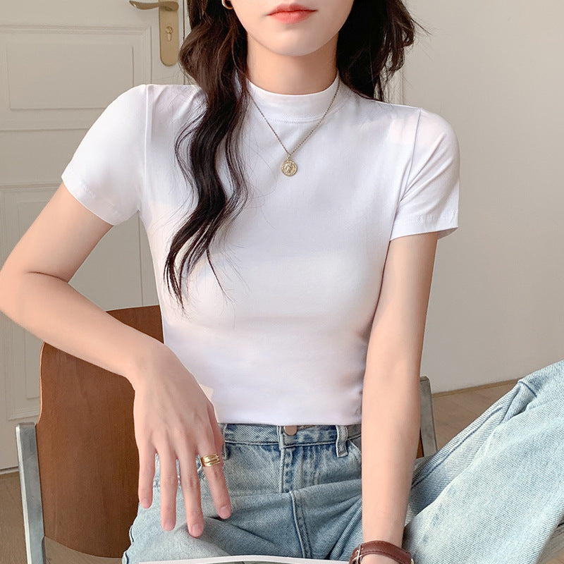 Short-sleeved T-shirt women's summer ins trendy Hong Kong style solid color semi-turtleneck base shirt skinny cropped top slim fit