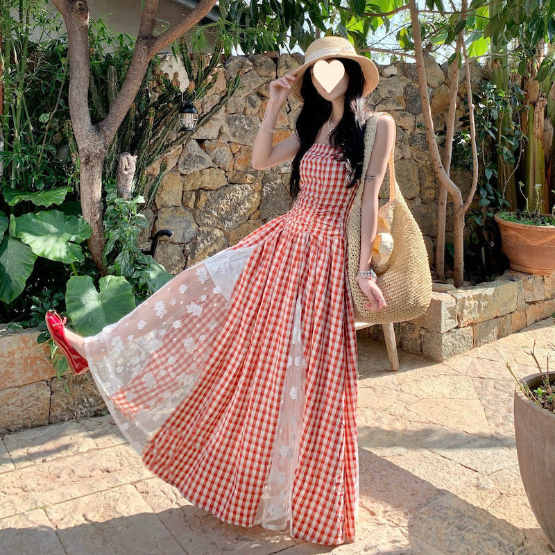 French holiday plaid lace splicing heavy industry tube top dress summer temperament waist thin high-end mid-length dress