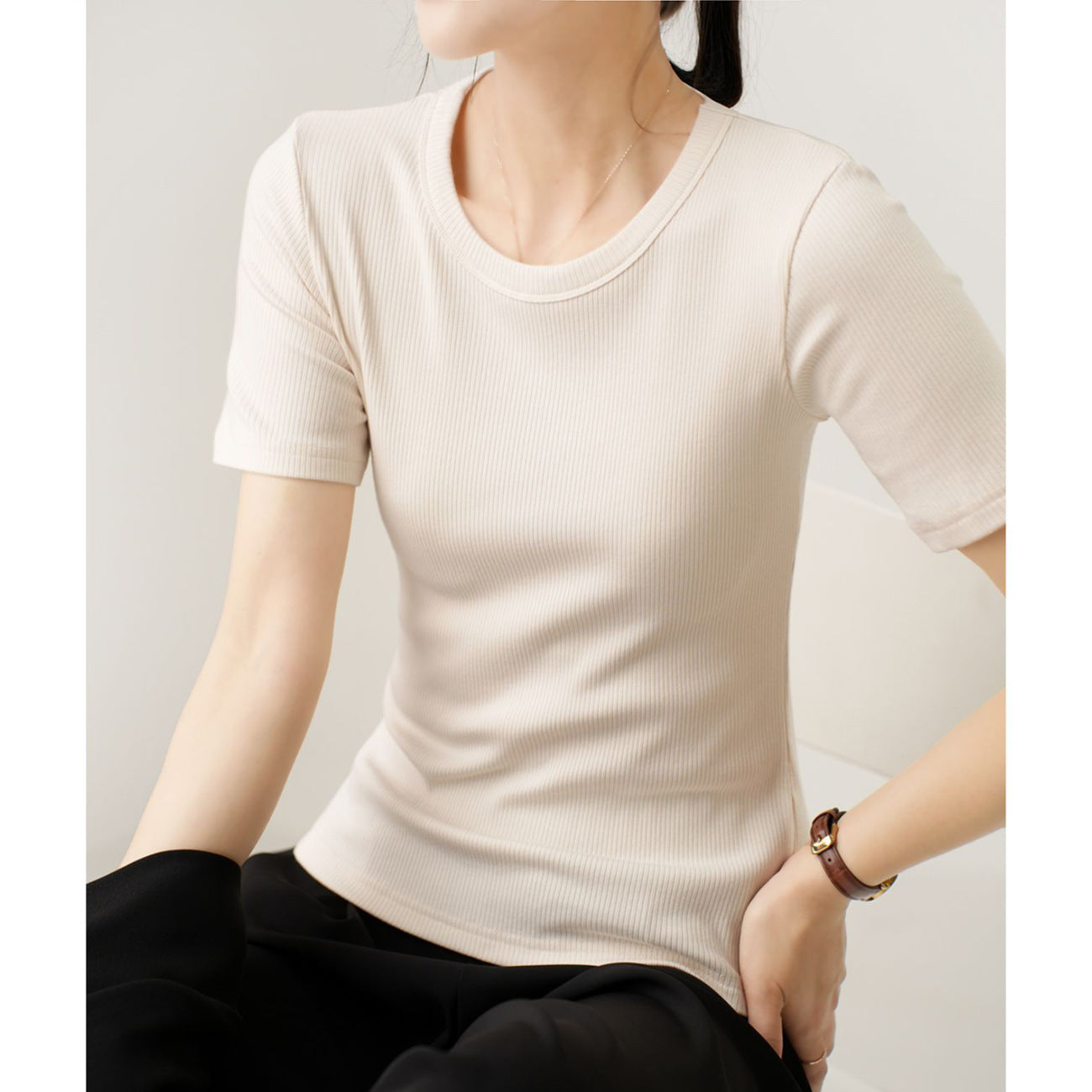 [Selection of Excellent Cotton] Medium Sleeve T-Shirt Women's 2026 Summer Clothing New Crew Neck Slim-fit Versatile Short Sleeve Top Bottom Shirt