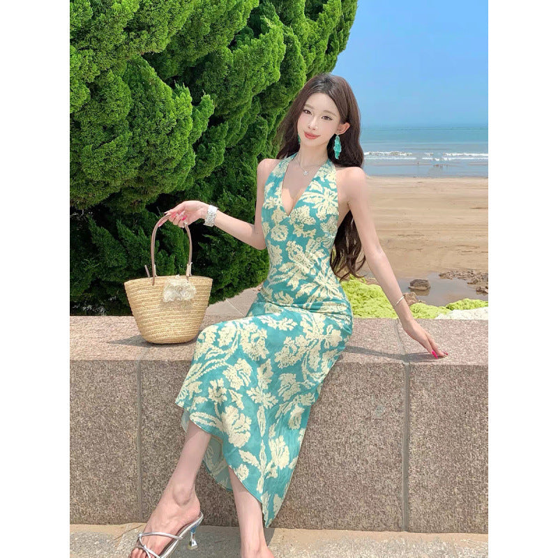 Peacock blue print sleeveless neck waist dress women's seaside beautiful beach wear sexy backless beach dress