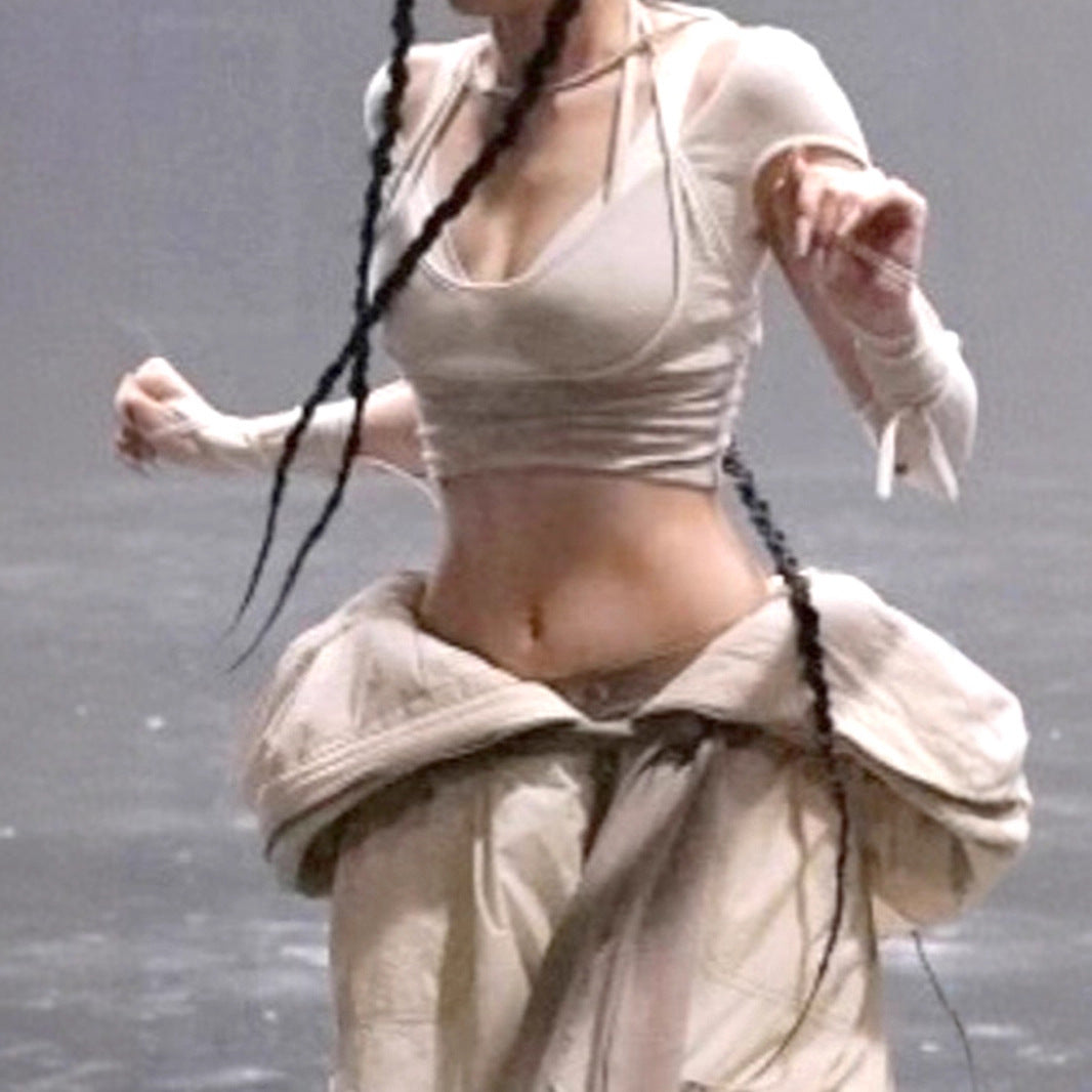 Structural hollowed-out fake two-piece long-sleeved T-shirt, star with the same design, Spice Girl style high-waisted short top