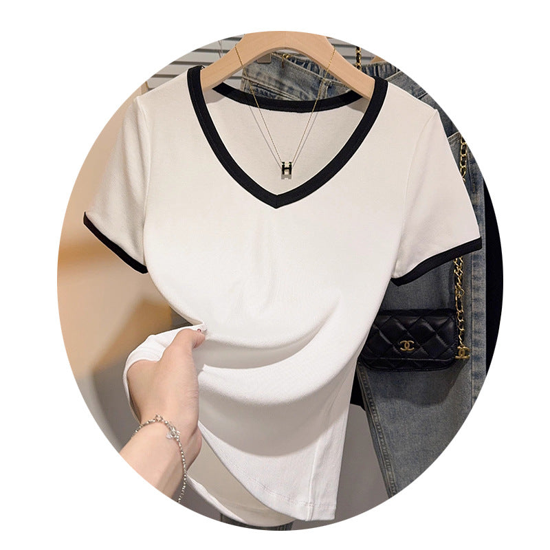 Chic short-sleeved T-shirt women's summer new slim-fitting unique contrasting color splicing temperament simple V-neck top bottoming shirt