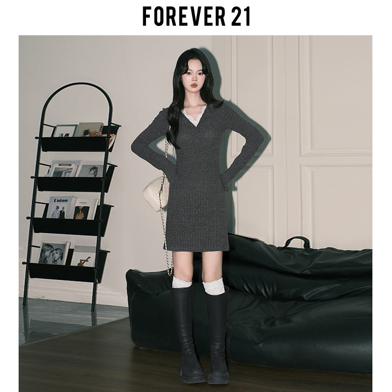 Gray's grey slim-fit knitted hip-wrapped skirt women's pure lace V-neck bottoming dress