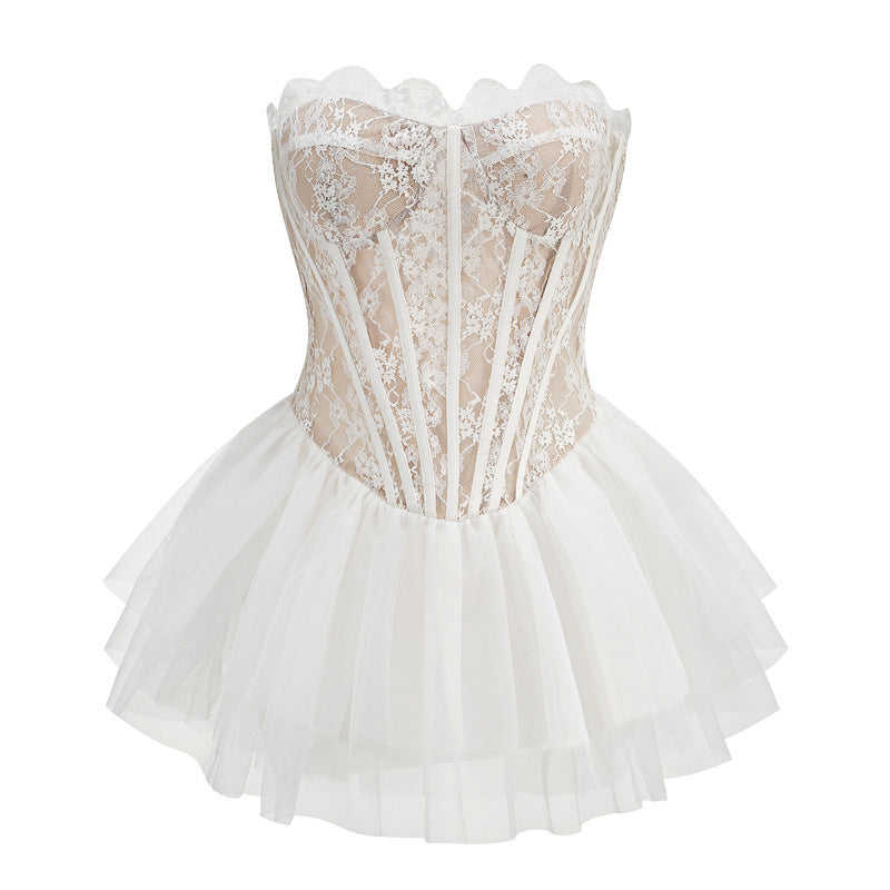 New cross-border luxury high-end bandeau patch wears herringbone dress skirt European and American style hem mesh bubble dress